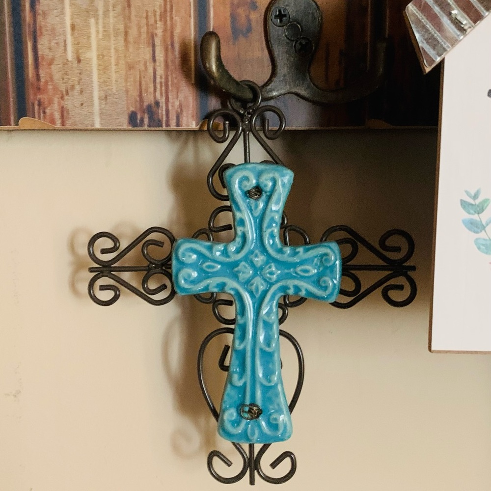 Teal color Glass and metal cross.
